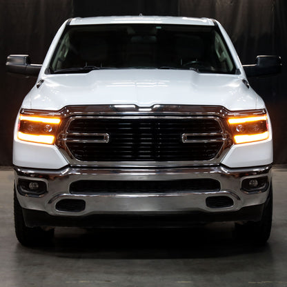2019??2024 Dodge RAM 1500 LED Bar Projector Headlights w/ Switchback Sequential Turn Signals, Amber LED & Pulsing Glow (Matte Black Housing / Clear Lens)
