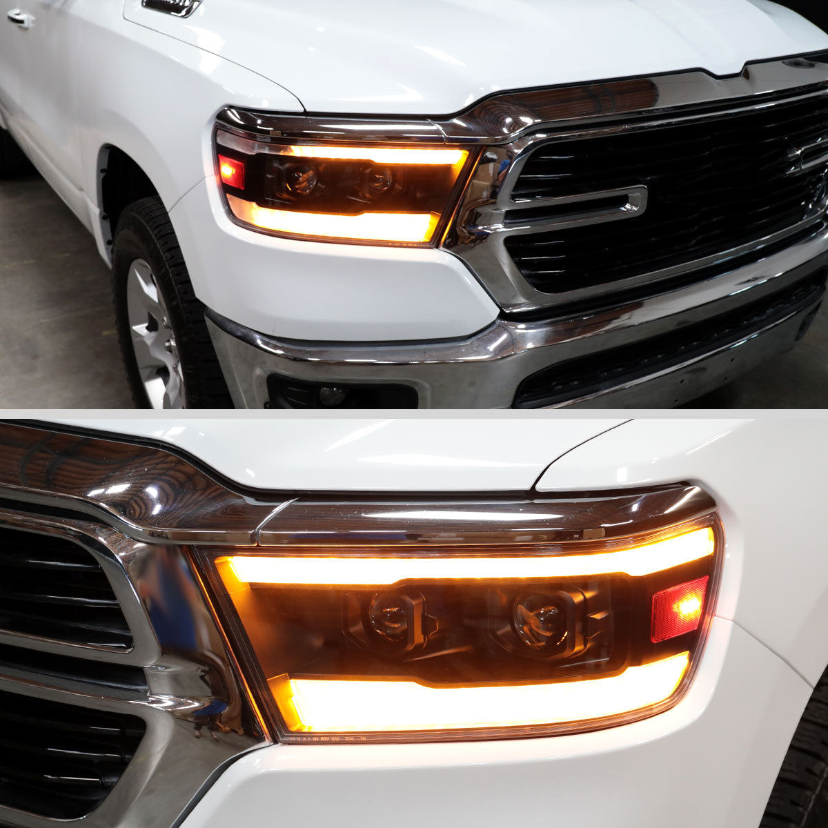 2019??2024 Dodge RAM 1500 LED Bar Projector Headlights w/ Switchback Sequential Turn Signals, Amber LED & Pulsing Glow (Matte Black Housing / Clear Lens)