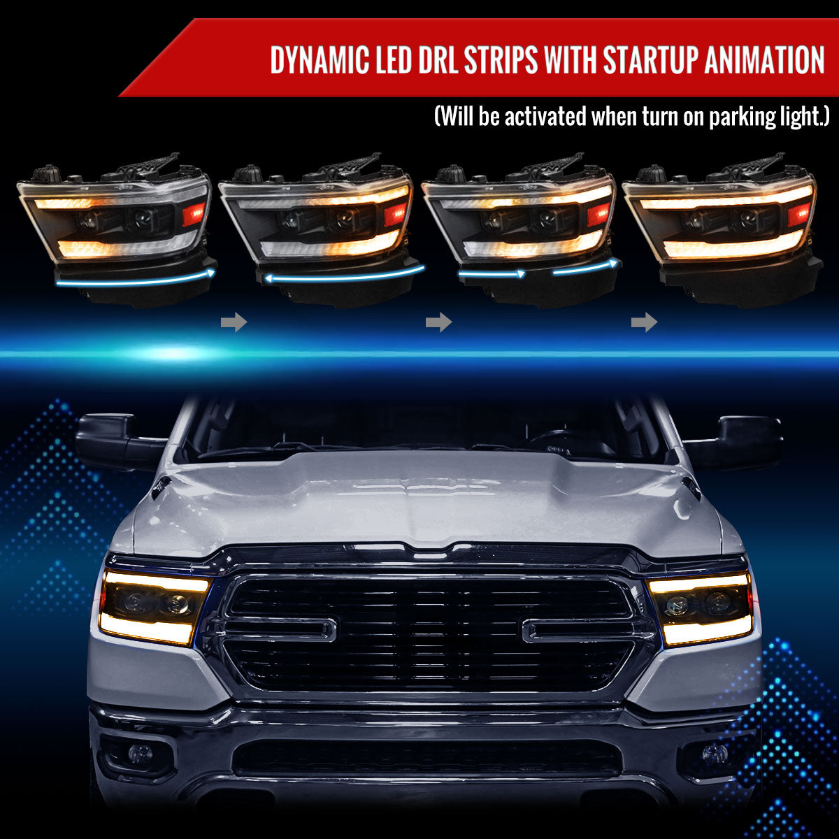 2019??2024 Dodge RAM 1500 LED Bar Projector Headlights w/ Switchback Sequential Turn Signals, Amber LED & Pulsing Glow (Matte Black Housing / Clear Lens)