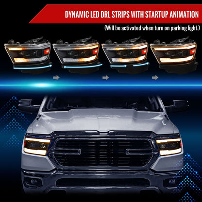 2019??2024 Dodge RAM 1500 LED Bar Projector Headlights w/ Switchback Sequential Turn Signals, Amber LED & Pulsing Glow (Matte Black Housing / Clear Lens)