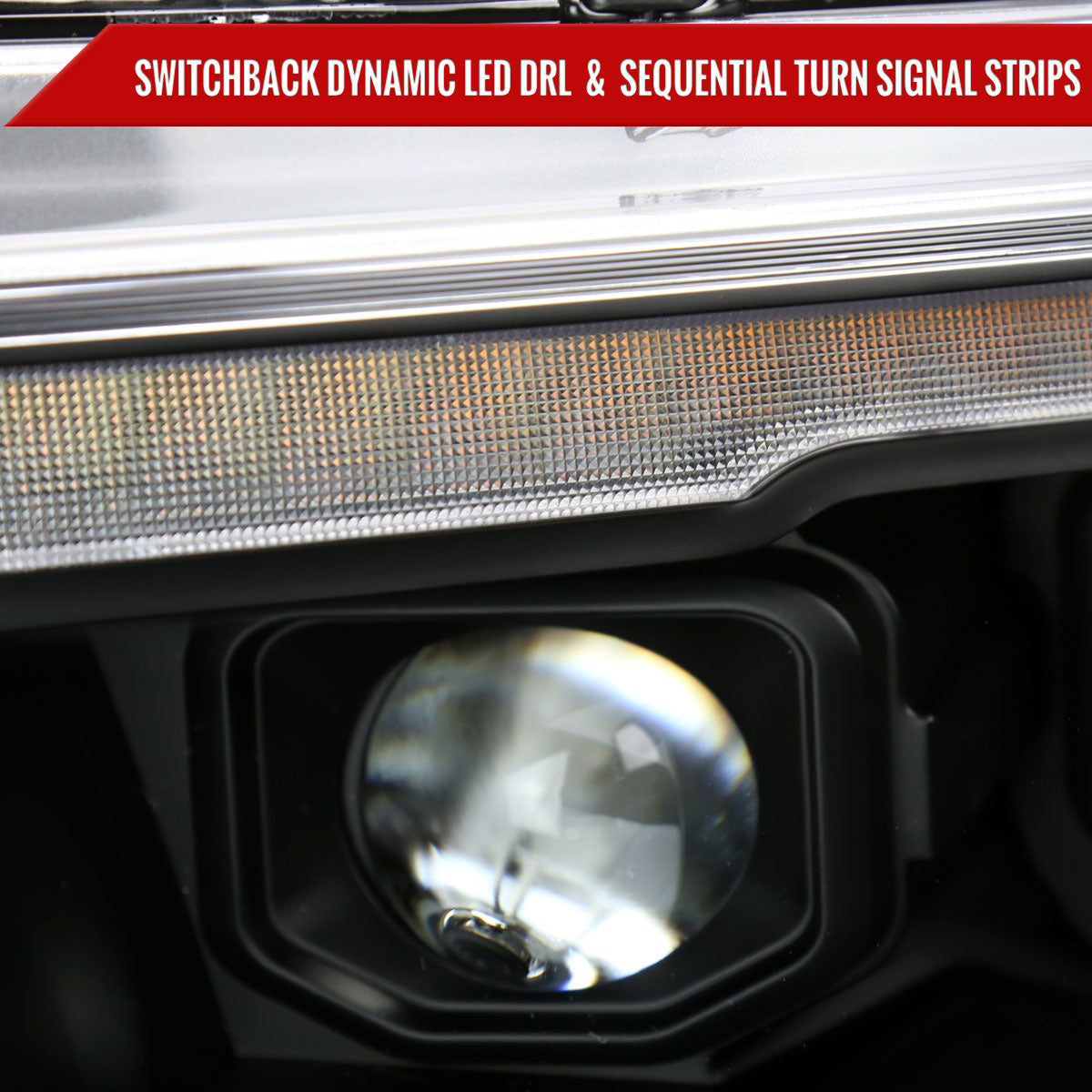 2019??2024 Dodge RAM 1500 LED Bar Projector Headlights w/ Switchback Sequential Turn Signals, Amber LED & Pulsing Glow (Matte Black Housing / Clear Lens)