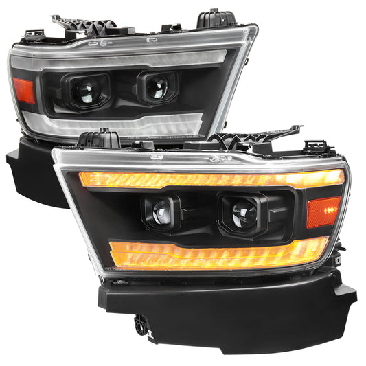 2019??2024 Dodge RAM 1500 LED Bar Projector Headlights w/ Switchback Sequential Turn Signals, Amber LED & Pulsing Glow (Matte Black Housing / Clear Lens)