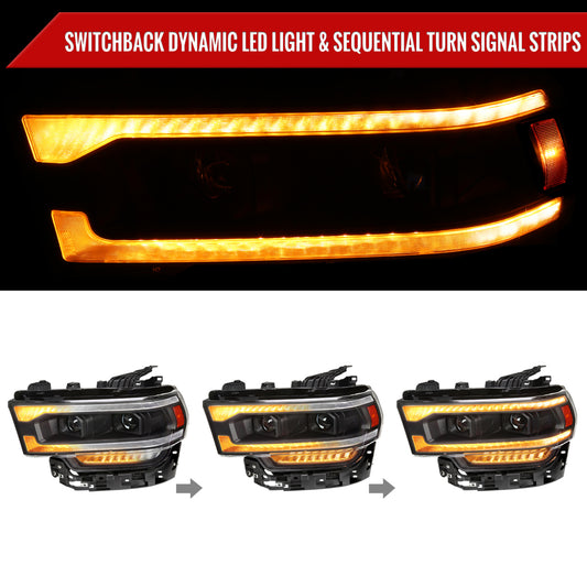 2019-2024 Dodge RAM 2500/3500/4500/5500 Switchback Sequential Amber LED Turn Signal Projector Headlights (Matte Black Housing/Clear Lens)