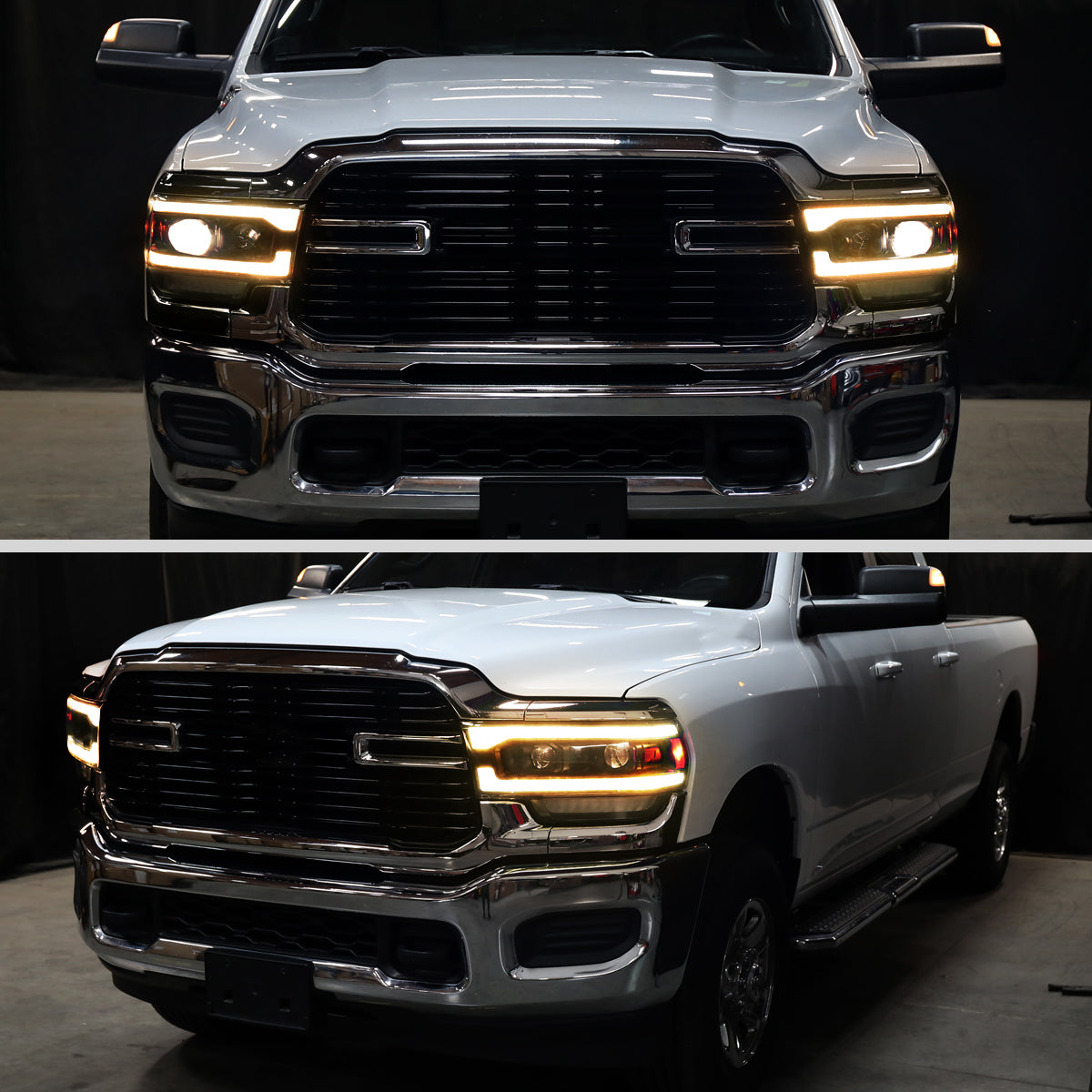 2019-2024 Dodge RAM 2500/3500/4500/5500 Switchback Sequential Amber LED Turn Signal Projector Headlights (Matte Black Housing/Clear Lens)
