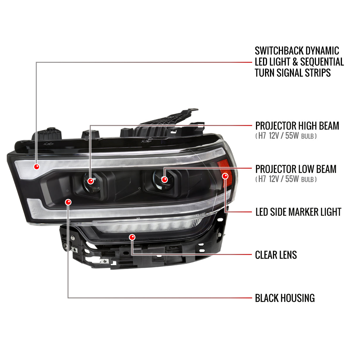 2019-2024 Dodge RAM 2500/3500/4500/5500 Switchback Sequential Amber LED Turn Signal Projector Headlights (Matte Black Housing/Clear Lens)