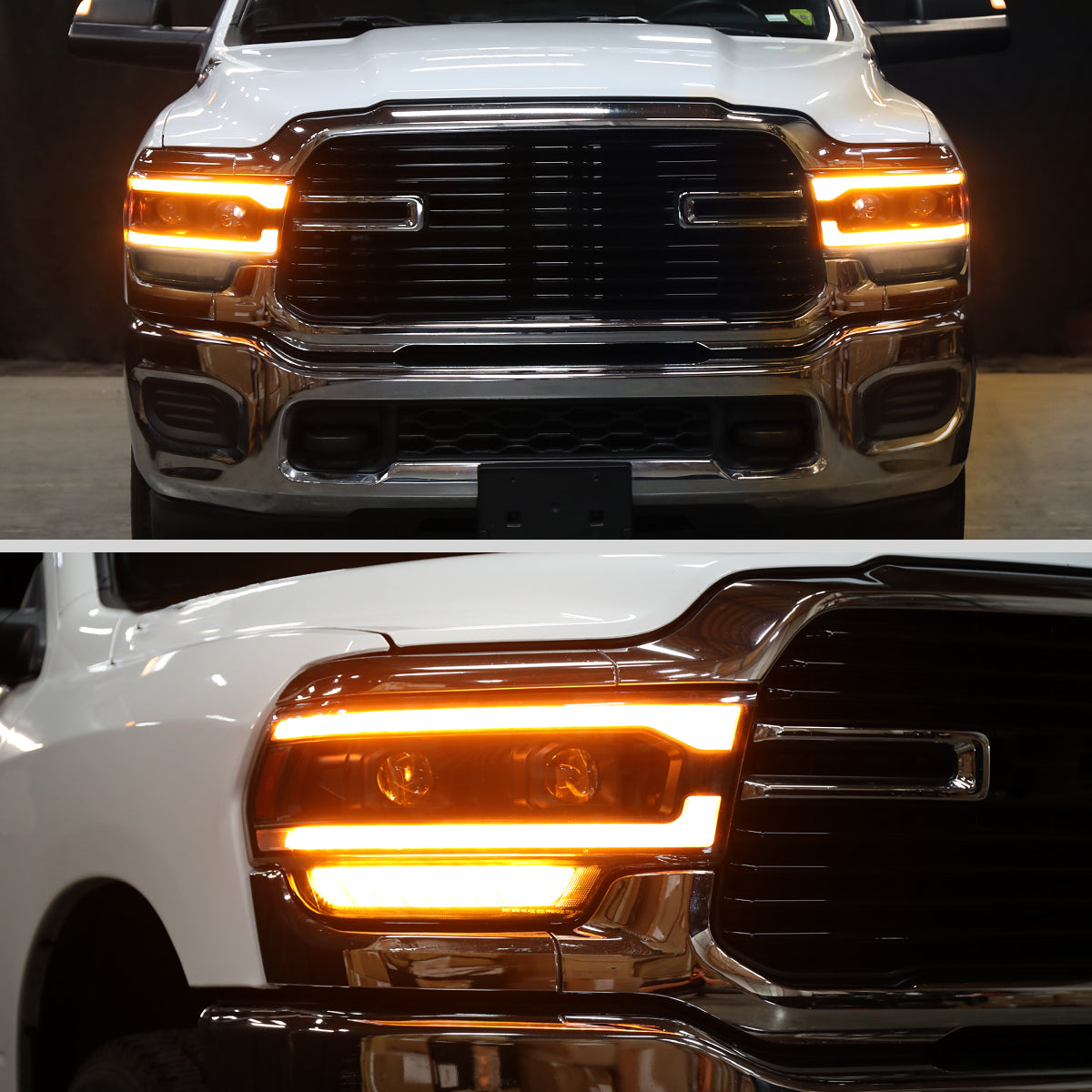 2019-2024 Dodge RAM 2500/3500/4500/5500 Switchback Sequential Amber LED Turn Signal Projector Headlights (Matte Black Housing/Clear Lens)