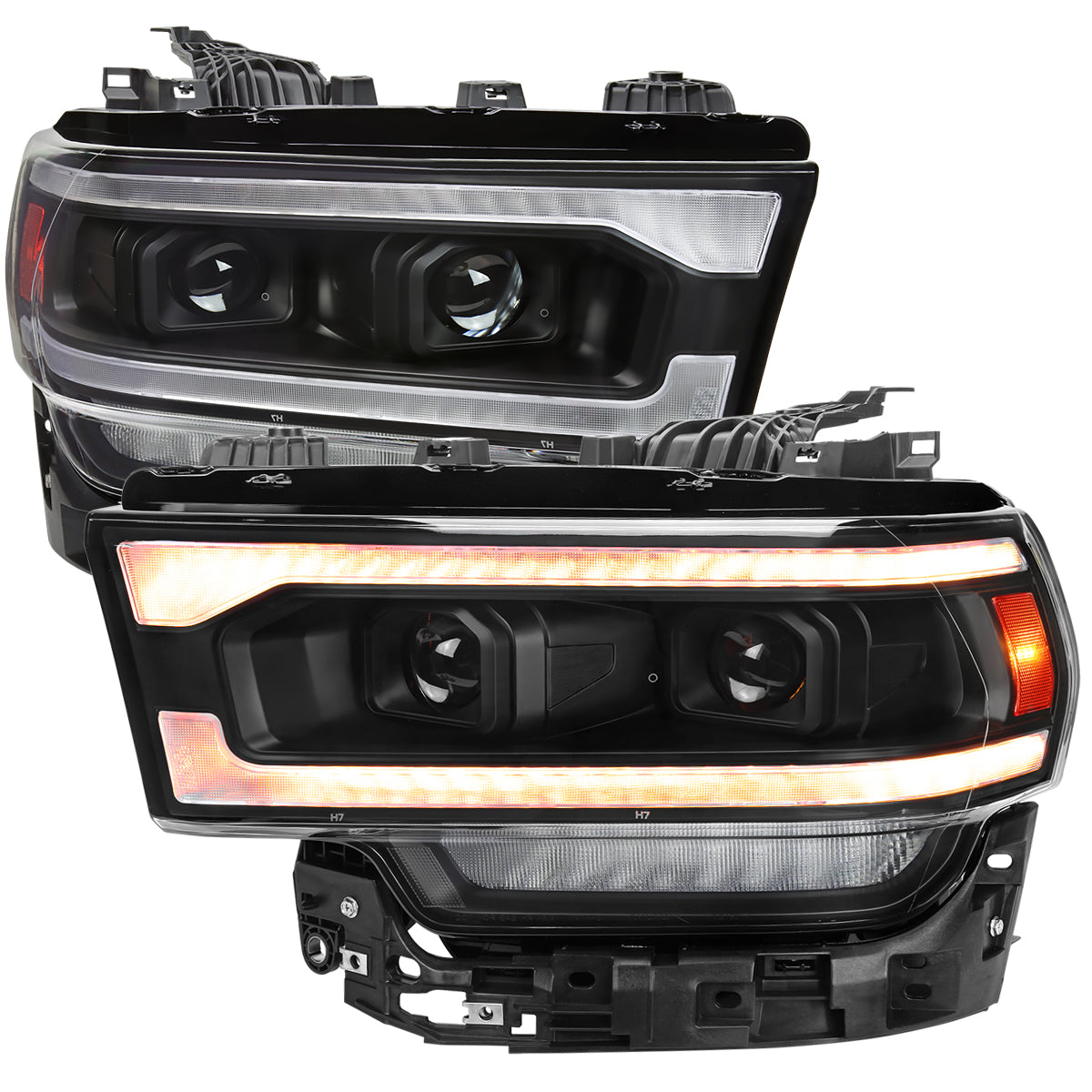 2019-2024 Dodge RAM 2500/3500/4500/5500 Switchback Sequential Amber LED Turn Signal Projector Headlights (Matte Black Housing/Clear Lens)