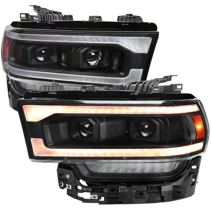 2019-2024 Dodge RAM 2500/3500/4500/5500 Switchback Sequential Amber LED Turn Signal Projector Headlights (Matte Black Housing/Clear Lens)