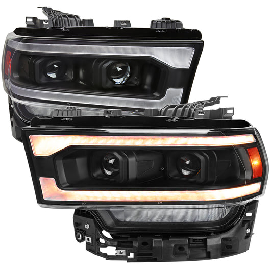 2019-2024 Dodge RAM 2500/3500/4500/5500 Switchback Sequential Amber LED Turn Signal Projector Headlights (Matte Black Housing/Clear Lens)