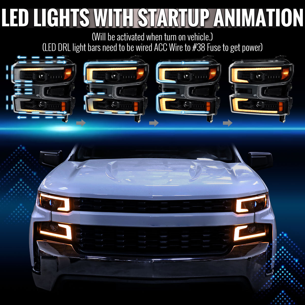 2019-2021 Silverado 1500 LED DRL Projector Headlights - Black/Clear - view 3