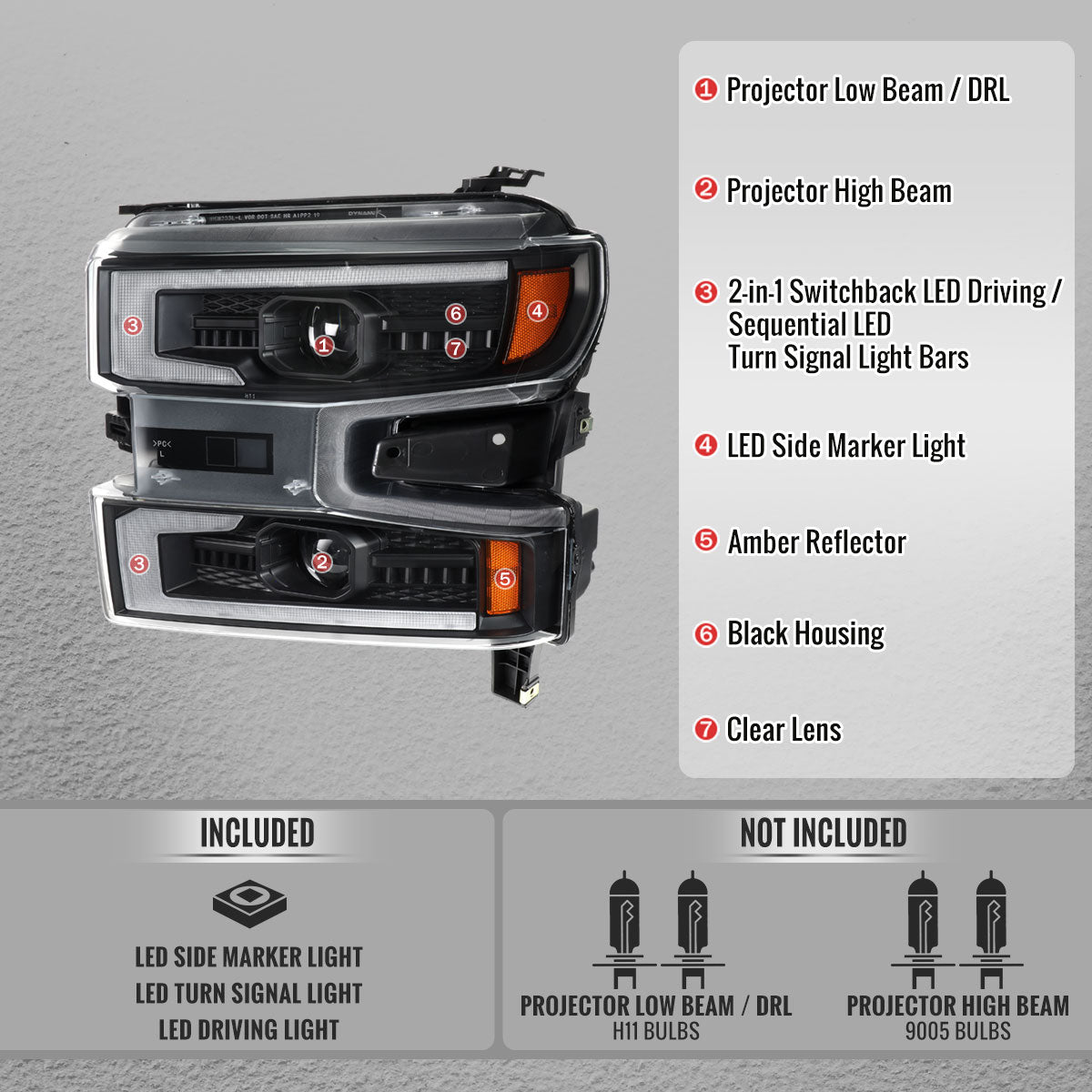 2019-2021 Silverado 1500 LED DRL Projector Headlights - Black/Clear - view 5