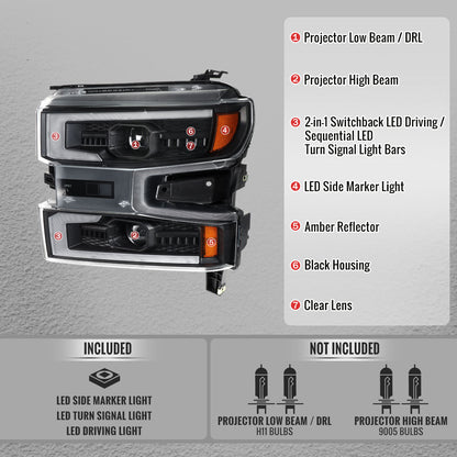 2019-2021 Silverado 1500 LED DRL Projector Headlights - Black/Clear - view 5