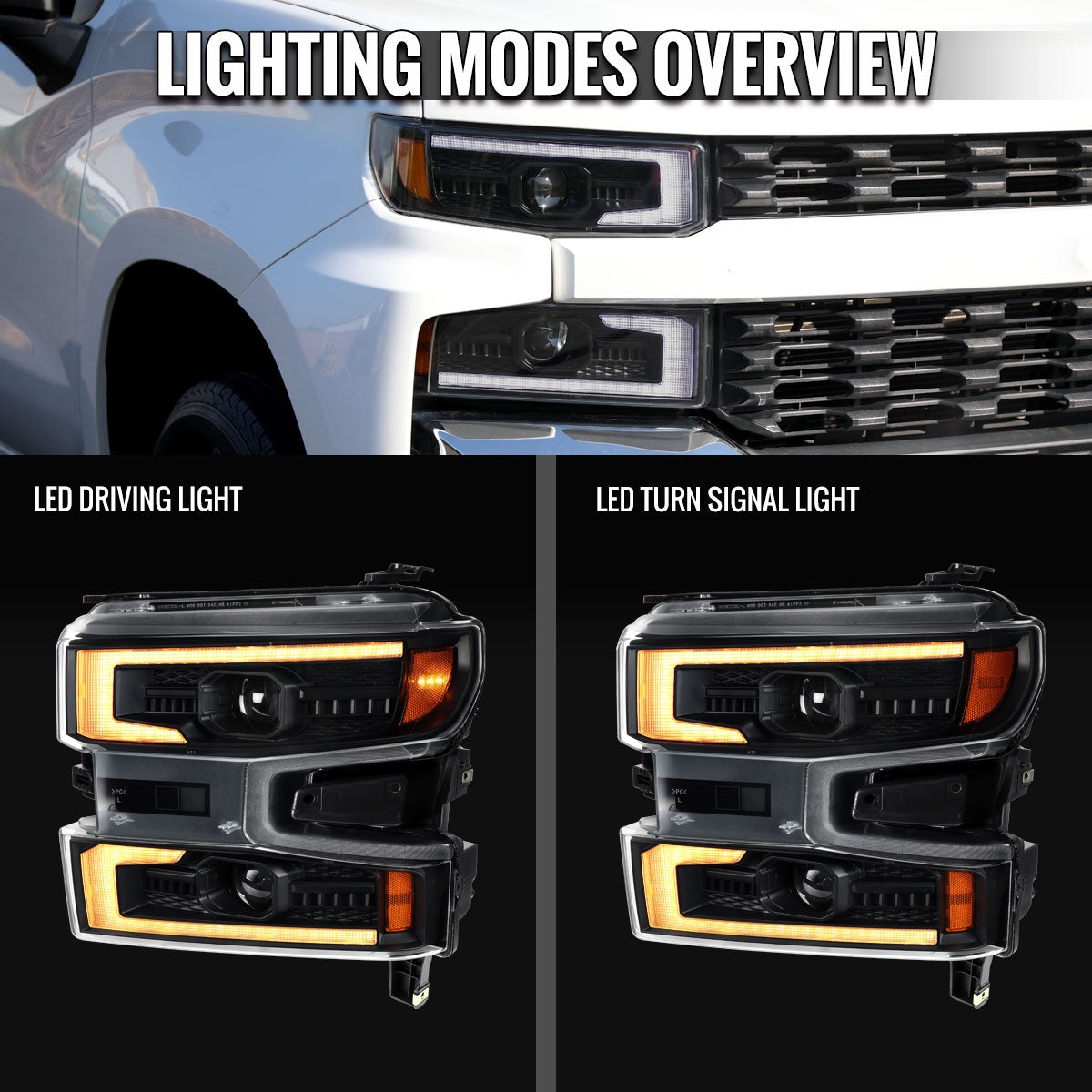 2019-2021 Silverado 1500 LED DRL Projector Headlights - Black/Clear - view 8