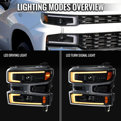 2019-2021 Silverado 1500 LED DRL Projector Headlights - Black/Clear - view 8