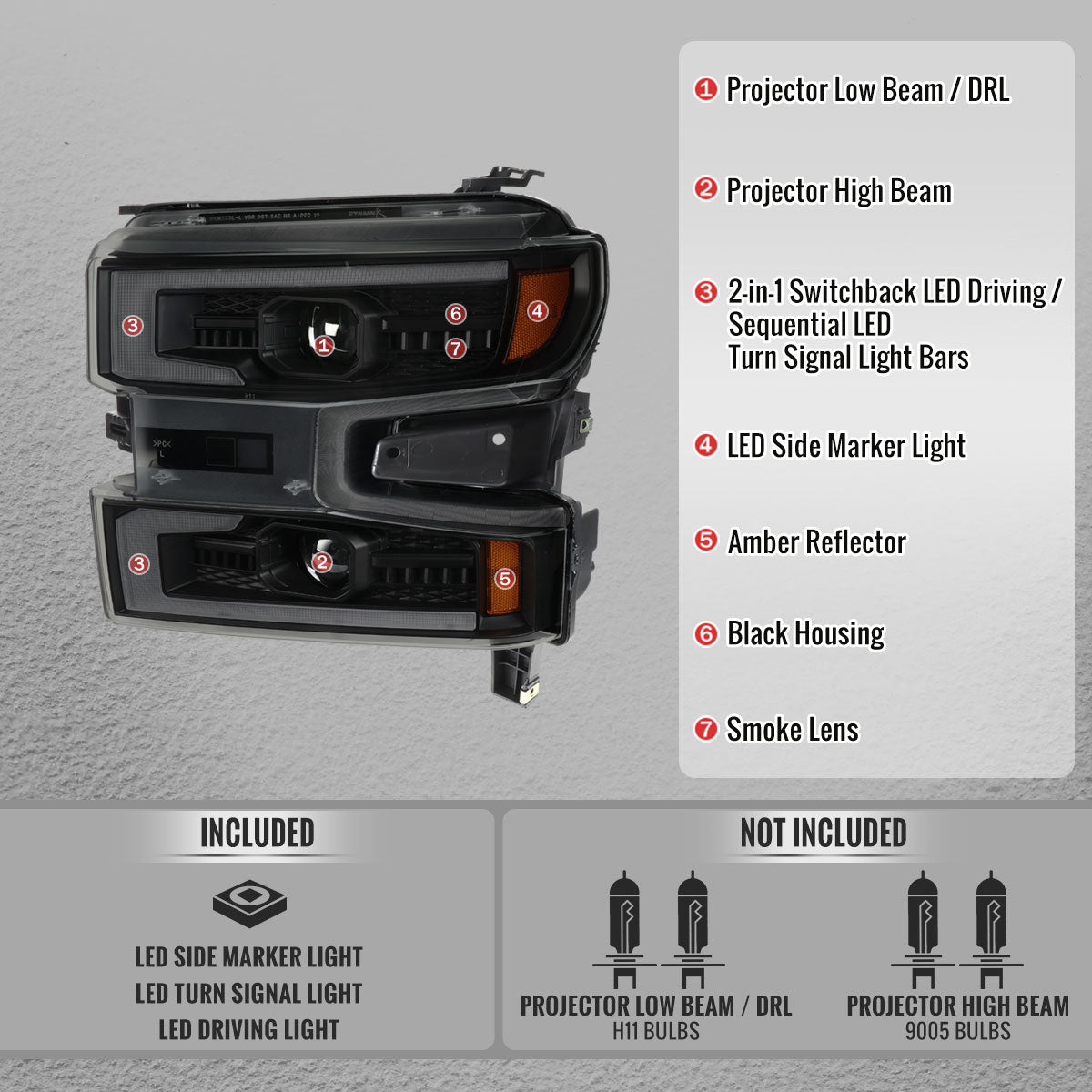 2019-2021 Silverado 1500 LED DRL Projector Headlights - Black/Smoked - view 5