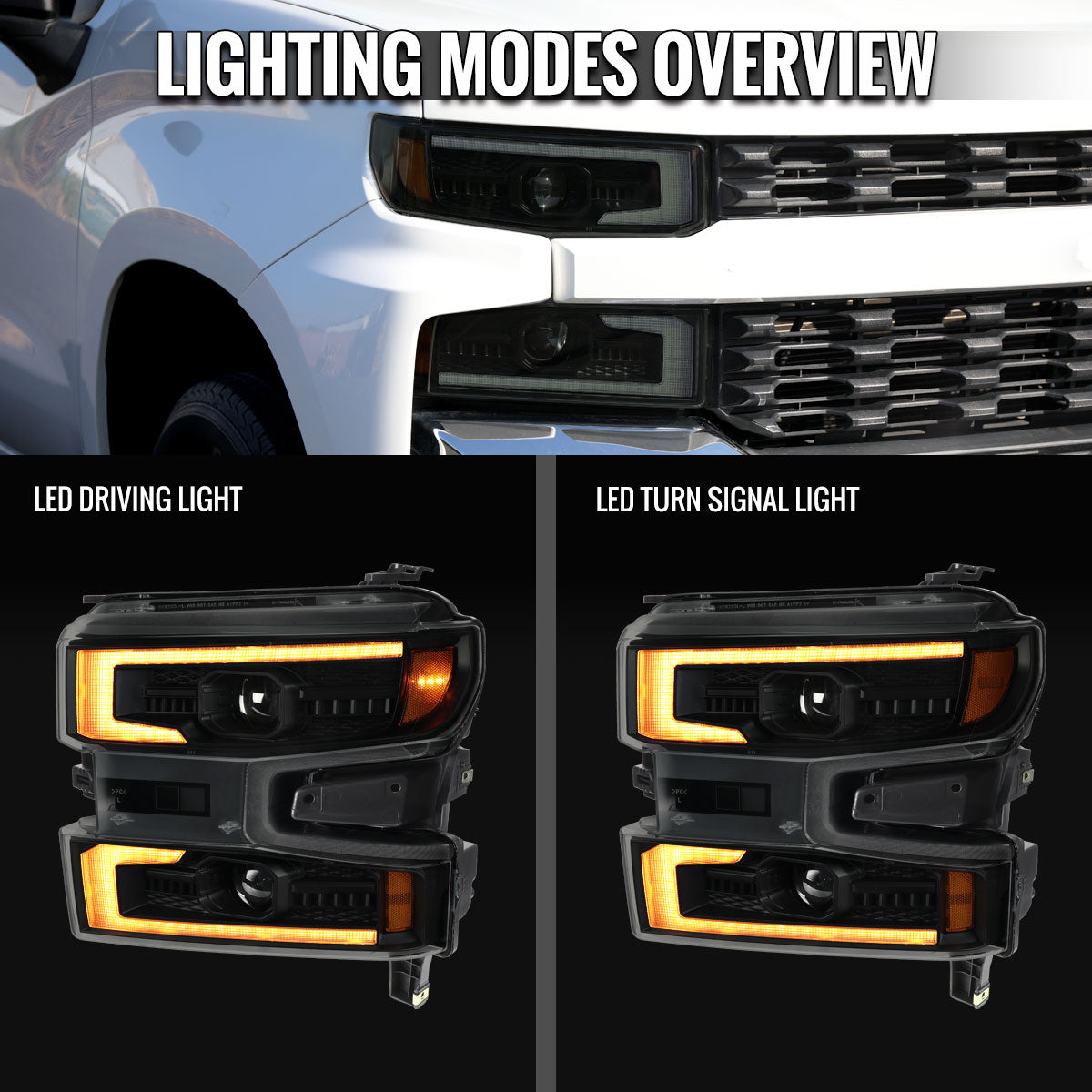 2019-2021 Silverado 1500 LED DRL Projector Headlights - Black/Smoked - view 8