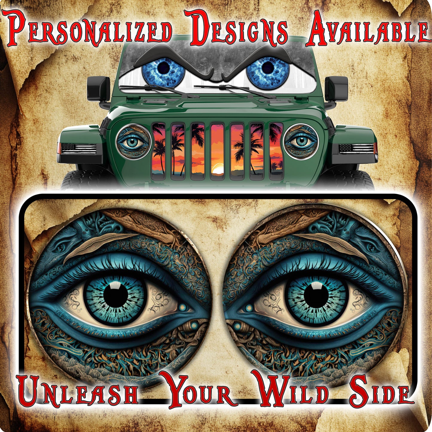 Real eye headlight decals blue green 85