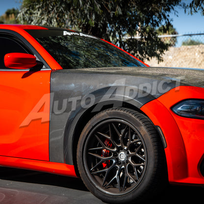 2015-2025 Dodge Charger Dry Gloss Carbon Fiber Type-Hellcat Front Fenders Widebody w/Flares 1pc