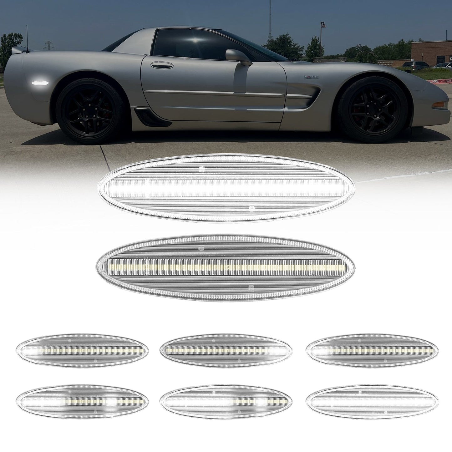 1997-2004 Corvette C5 Rear Bumper Clear Lens White Dynamic Animation LED Side Markers