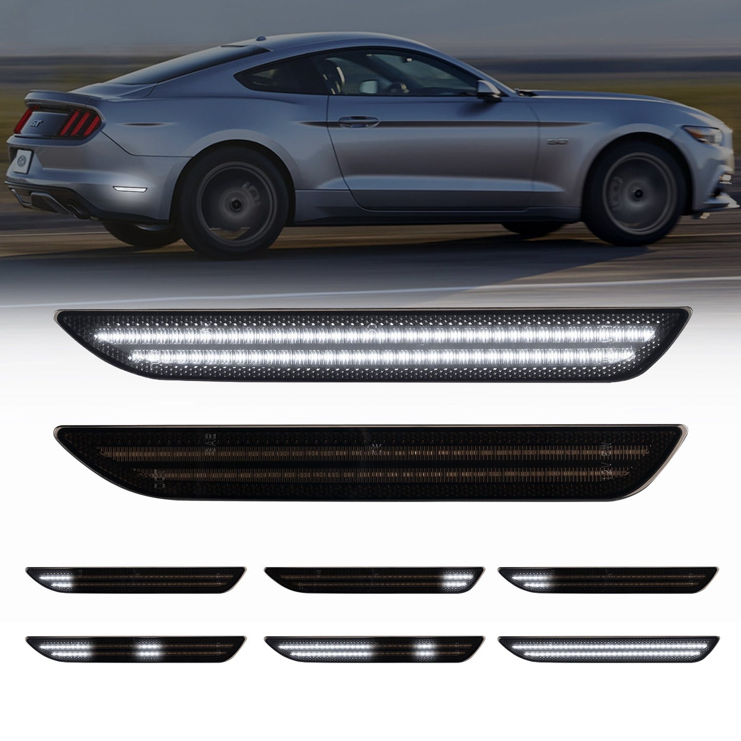 2015-2023 Mustang S550 Smoke Lens White Dynamic Animation LED Side Markers