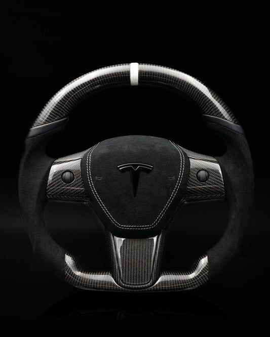 Sixth Element TESLA MODEL Y / MODEL 3 BLACK ALCANTARA PCH MIDNIGHT WHITE ACCENTS GLOSS CARBON STEERING WHEEL
