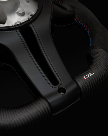 BMW Alcantara Flat Bottom White Stripe Dry Carbon Fiber Steering Wheel for F Chassis- iCBL's Signature Design for F30 F32 F80 F82 M3 M4 M2 335i 340i 328i 440i 435i