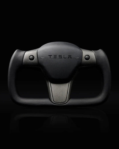 Sixth Element TESLA MODEL Y / MODEL 3 BLACK LEATHER DRY CARBON PLAID STYLE YOKE STEERING WHEEL