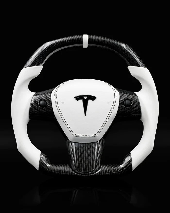Sixth Element TESLA MODEL Y / MODEL 3 WHITE LEATHER FLAT BOTTOM STORMTROOPER GLOSS CARBON STEERING WHEEL