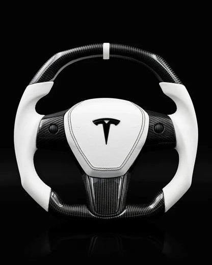 Sixth Element TESLA MODEL Y / MODEL 3 WHITE LEATHER FLAT BOTTOM STORMTROOPER GLOSS CARBON STEERING WHEEL