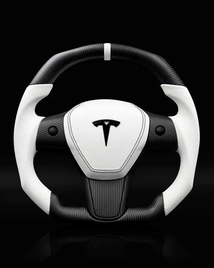 Sixth Element TESLA MODEL Y / MODEL 3 WHITE LEATHER FLAT BOTTOM STORMTROOPER GLOSS CARBON STEERING WHEEL