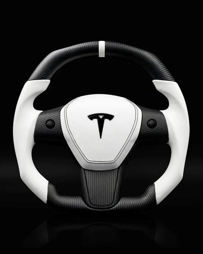 Sixth Element TESLA MODEL Y / MODEL 3 WHITE LEATHER FLAT BOTTOM STORMTROOPER GLOSS CARBON STEERING WHEEL