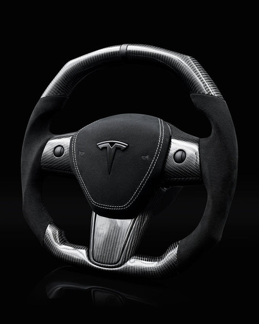 Sixth Element TESLA MODEL Y / MODEL 3 ALCANTARA FLAT BOTTOM VANTABLACK DRY CARBON STEERING WHEEL