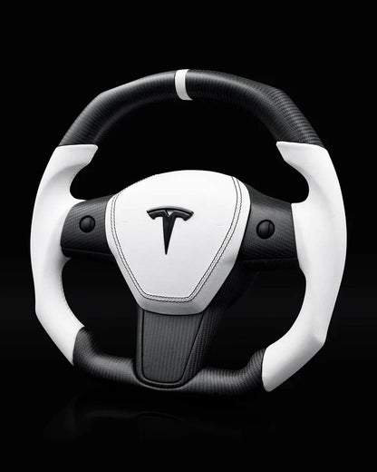 Sixth Element TESLA MODEL Y / MODEL 3 WHITE LEATHER FLAT BOTTOM STORMTROOPER GLOSS CARBON STEERING WHEEL