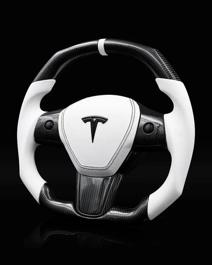 Sixth Element TESLA MODEL Y / MODEL 3 WHITE LEATHER FLAT BOTTOM STORMTROOPER GLOSS CARBON STEERING WHEEL