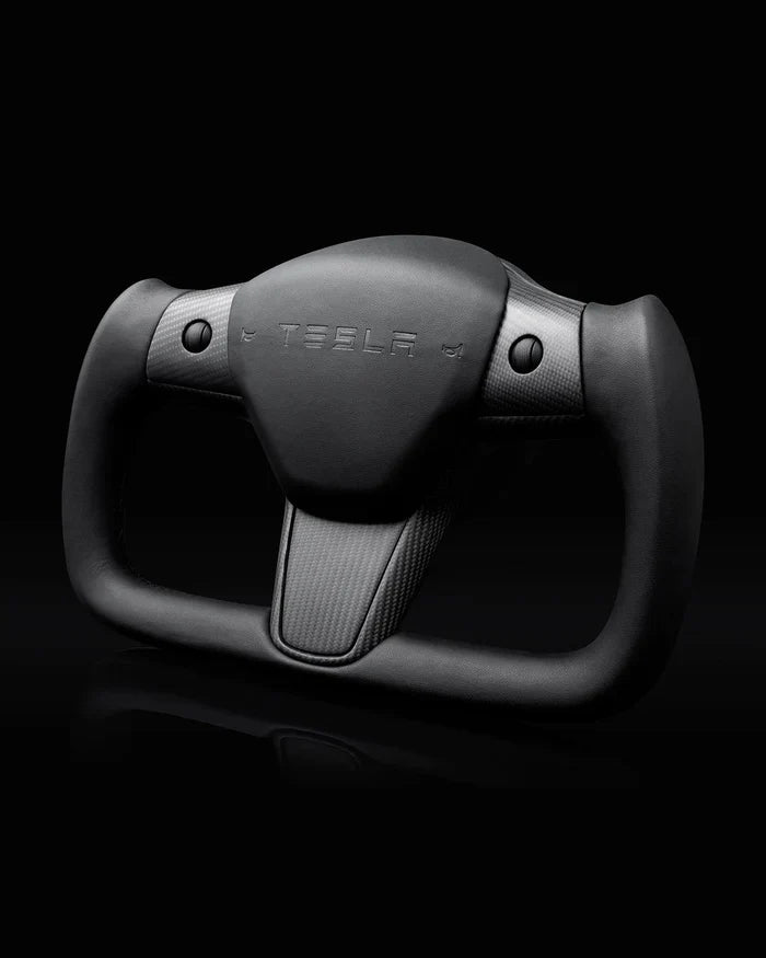 Sixth Element TESLA MODEL Y / MODEL 3 BLACK LEATHER DRY CARBON PLAID STYLE YOKE STEERING WHEEL