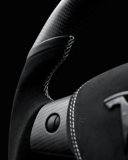 Sixth Element TESLA MODEL Y / MODEL 3 BLACK ALCANTARA PCH MIDNIGHT WHITE ACCENTS GLOSS CARBON STEERING WHEEL