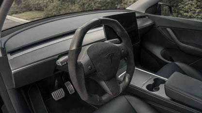 Sixth Element TESLA MODEL Y / MODEL 3 ALCANTARA FLAT BOTTOM VANTABLACK DRY CARBON STEERING WHEEL