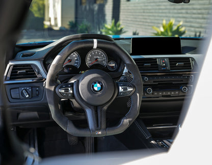 BMW Alcantara Flat Bottom White Stripe Dry Carbon Fiber Steering Wheel for F Chassis- iCBL's Signature Design for F30 F32 F80 F82 M3 M4 M2 335i 340i 328i 440i 435i