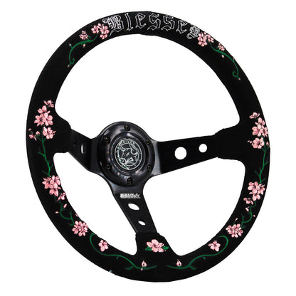 Blessed Universal 350mm 3" Deep Dish 6-Bolt Steering Wheel Red Suede Alcantara