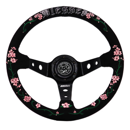 Blessed Universal 350mm 3" Deep Dish 6-Bolt Steering Wheel Red Suede Alcantara