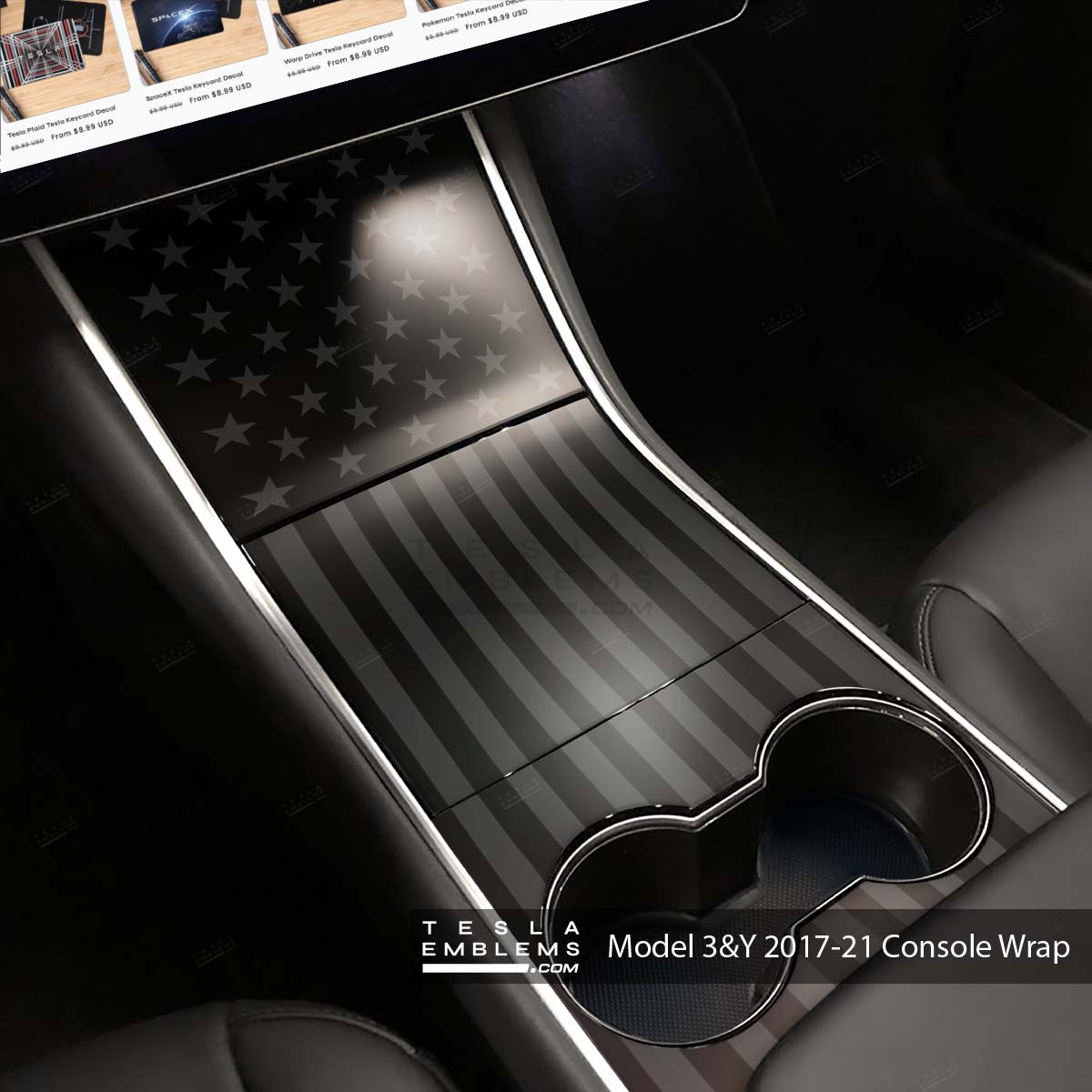 Ghost Black Patriot American Flag | Tesla Center Console Wrap Kit | Model Y ’19-20