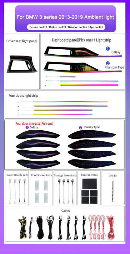 BMW 3 Series F30 RHD Interior 64-Color Dynamic Symphony LED Ambient Light Kit with Armrest Trim 2013 - 2019