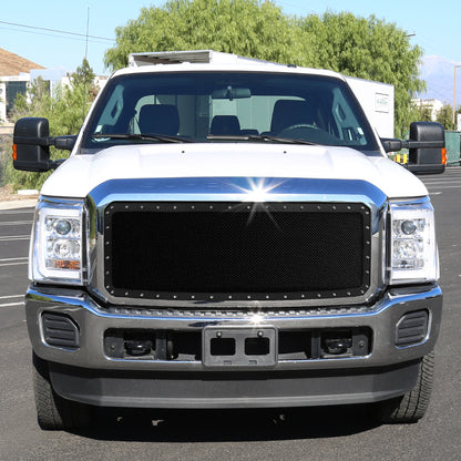 2011-2016 Ford F-250/F-350/F-450/F-550 Rivet Style Black Stainless Steel Mesh Grille Center Insert