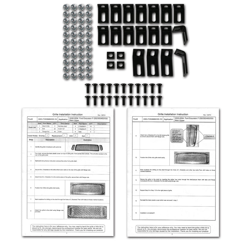 1999-2004 F-250/F-350/F-450/F-550/Excursion Rivet Style Black Stainless Steel 3PC Mesh Grille Insert