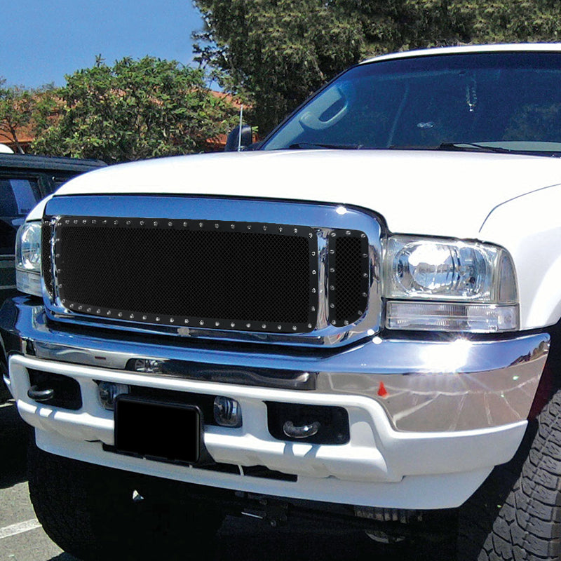 1999-2004 F-250/F-350/F-450/F-550/Excursion Rivet Style Black Stainless Steel 3PC Mesh Grille Insert