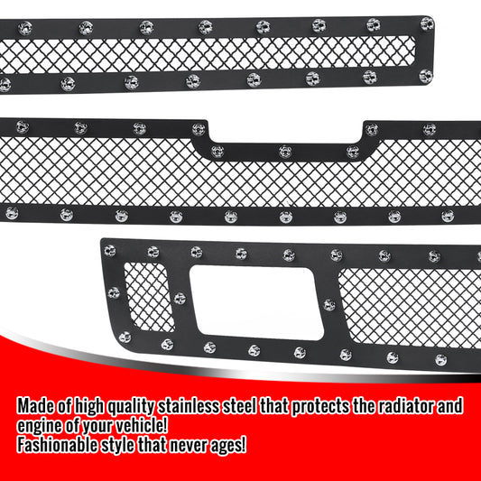2007-2013 Chevrolet Silverado 1500/1500HD Rivet Style Black Stainless Steel 3PC Mesh Grille insert