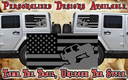 rock crawler American flag black Rear quarter window see through graphic.