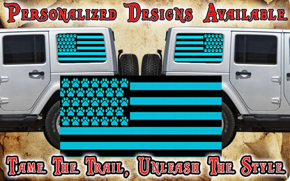 Paw print American flag black Rear quarter window see through graphic.