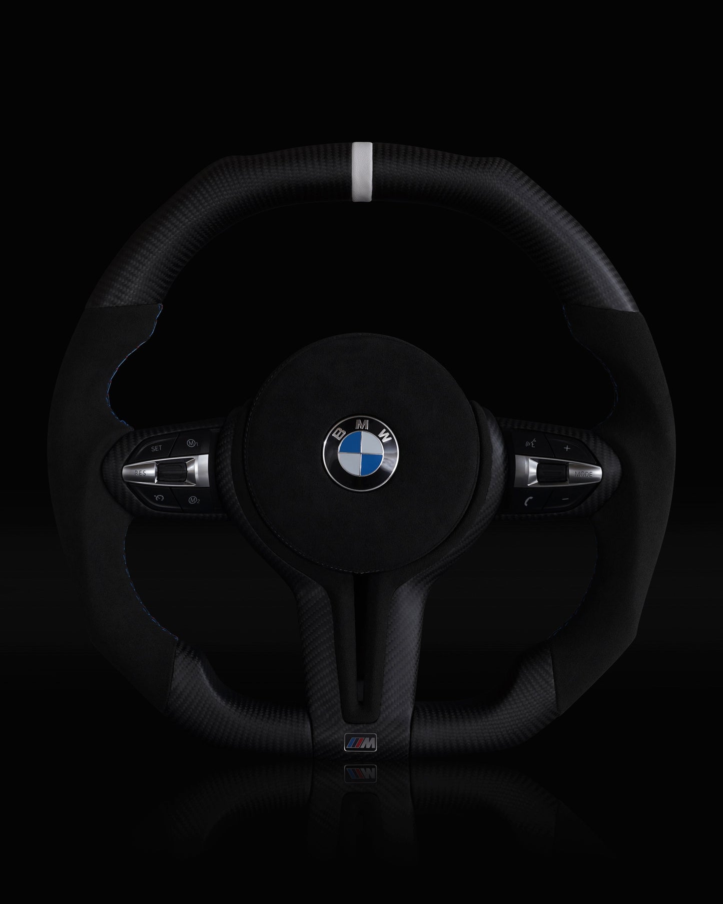 BMW Alcantara Flat Bottom White Stripe Dry Carbon Fiber Steering Wheel for F Chassis- iCBL's Signature Design for F30 F32 F80 F82 M3 M4 M2 335i 340i 328i 440i 435i