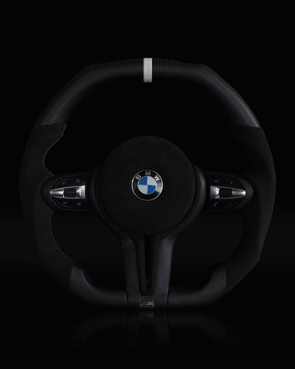 BMW Alcantara Flat Bottom White Stripe Dry Carbon Fiber Steering Wheel for F Chassis- iCBL's Signature Design for F30 F32 F80 F82 M3 M4 M2 335i 340i 328i 440i 435i